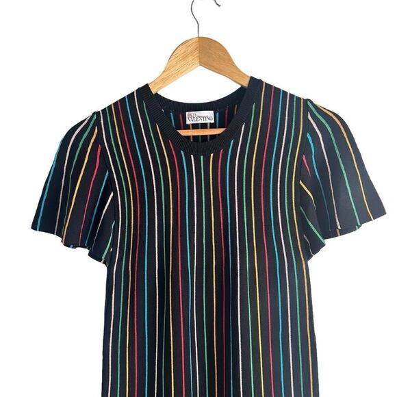 Red Valentino Short Sleeve Black Knit  Rainbow Stripe Shift Dress - Picture 5 of 9